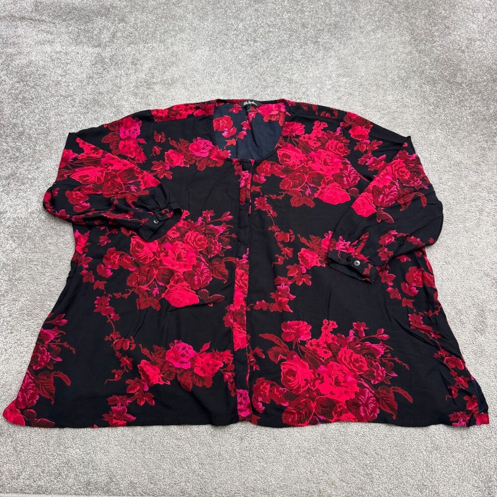 Ulla Popken Floral Tunic Blouse Womens 32/34 Black Pink Covered Button Viscose